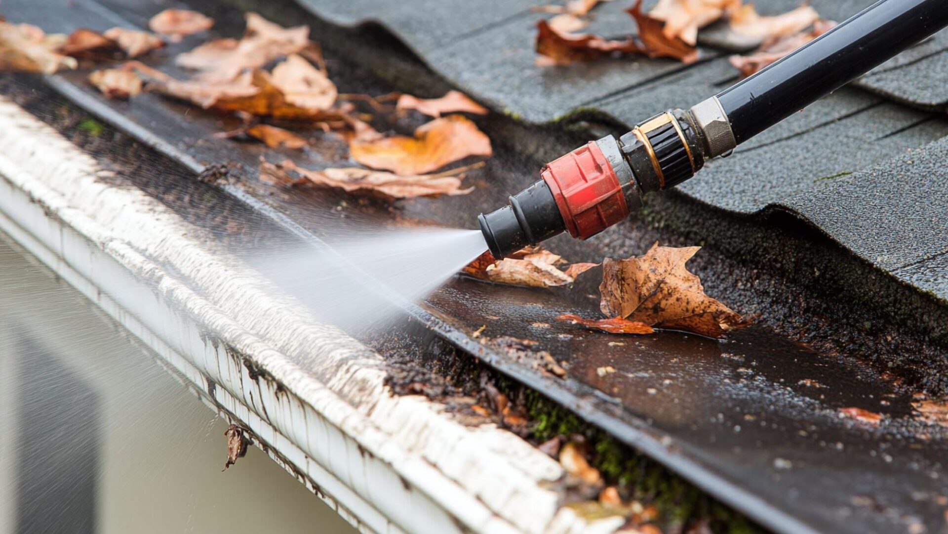 Gutter Cleaning High-pressure water cleaning of a leaf-filled gutter.