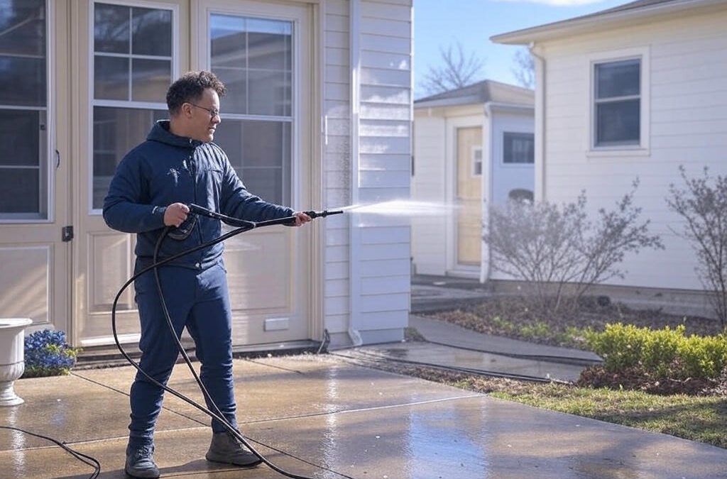 Person in blue uses pressure washer on white house with windows, beige door, on a sunny day.